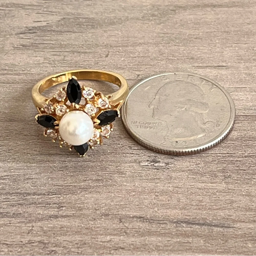 Elegant Pearl, Cubic Zirconia and Black Marquis Multi-Stone Gold Toned Ring